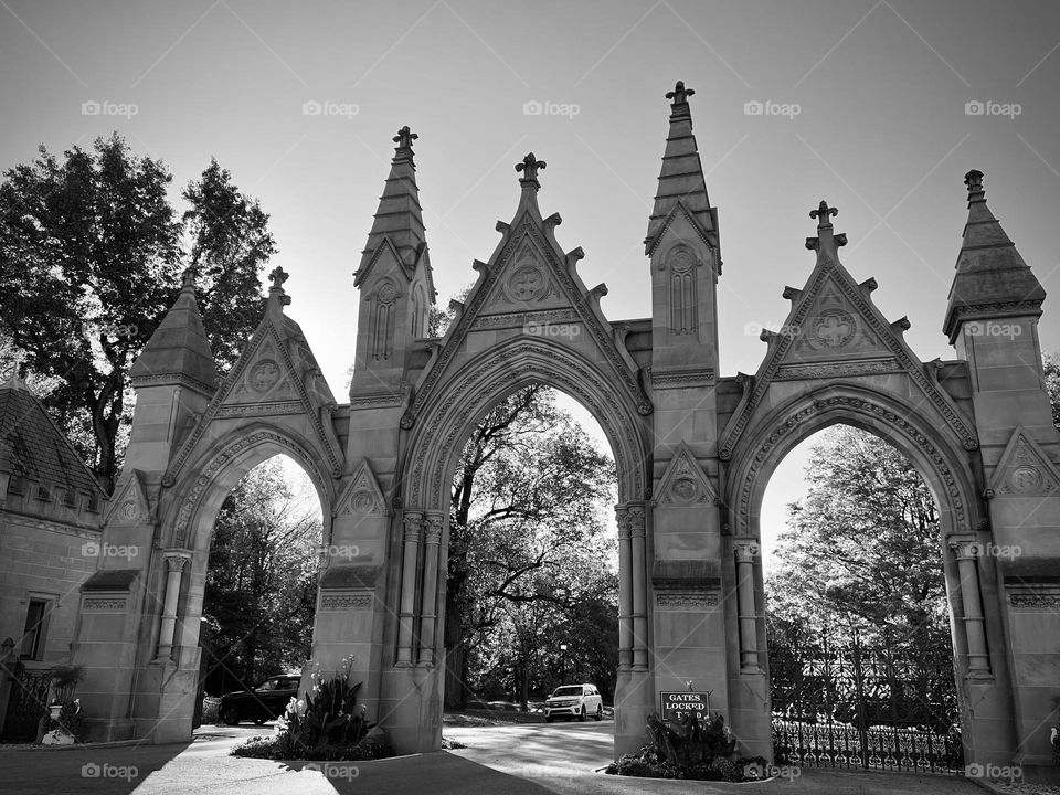 The beautifully ornate gates into Crown Hill Cemetery in Indianapolis Indiana in the USA