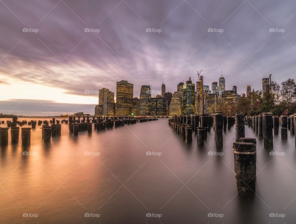 Manhattan skyline sunset from Brooklyn Bridge Park
