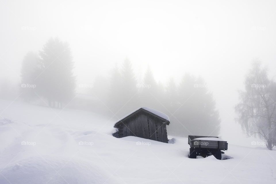 Landscape photo of cottage in nature during winter season and snow and fog