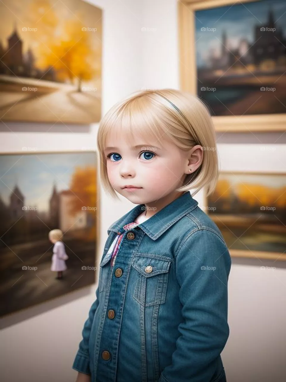 A little blonde girl among artistic paintings