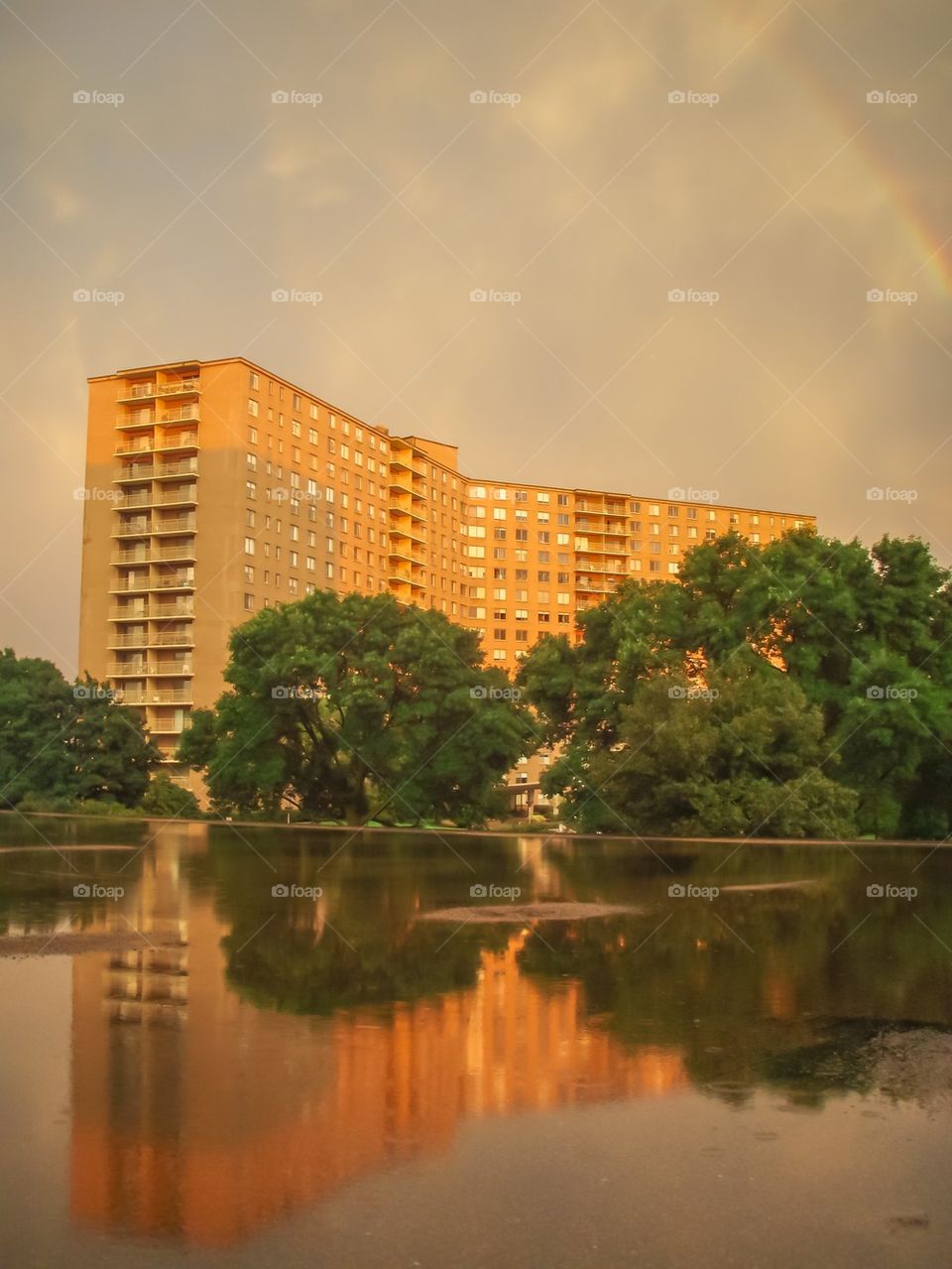 Building after storm puddle reflection