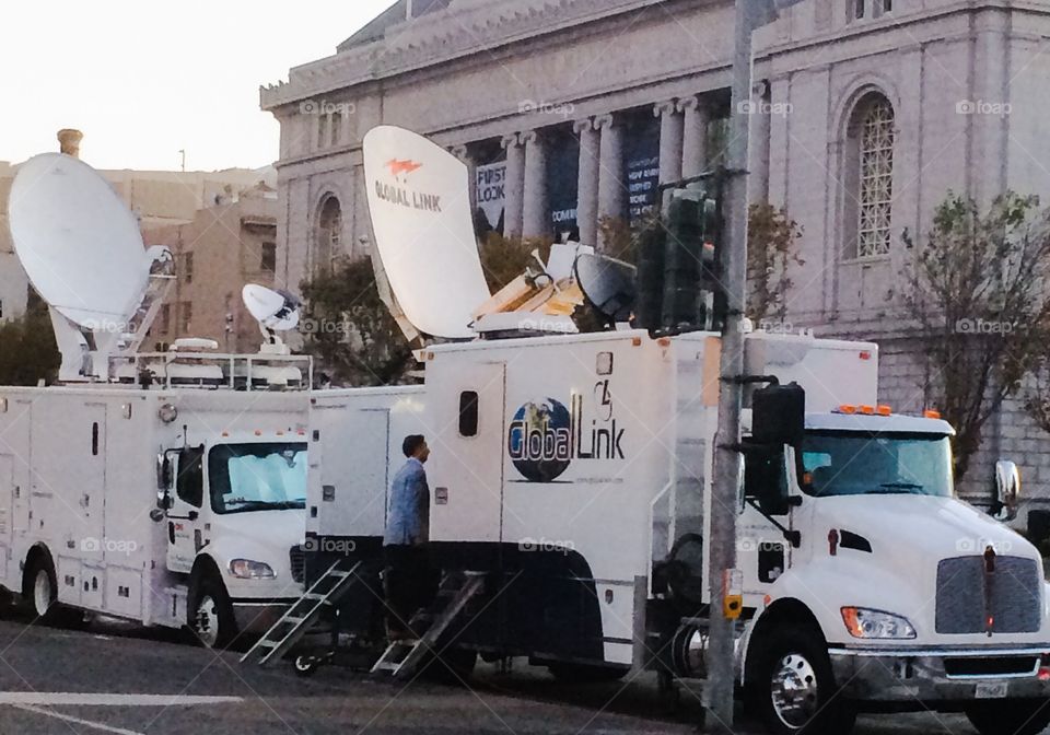 Satellite trucks . September 9, 2015 San Francisco, California - Satellite trucks at Bill Graham Civic Auditorium for Apple iPhone event.