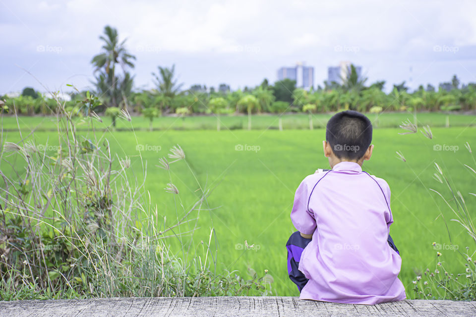 Asian boy holding a phone and sitting on the street  Background the green rice fields.