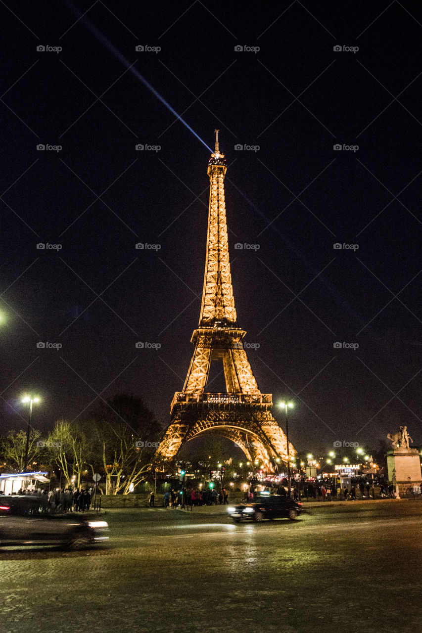 Eiffel tower at night with lights