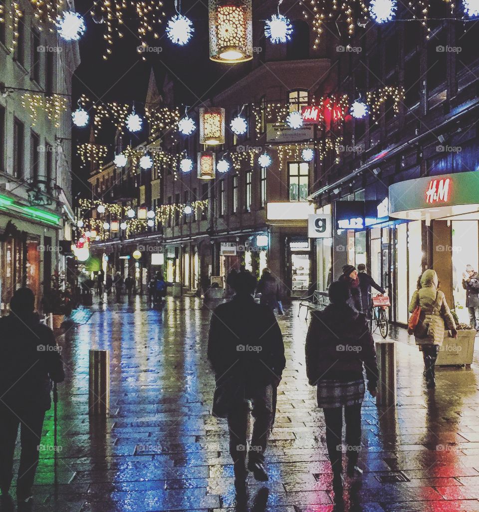 Christmas lights on a street in a city 