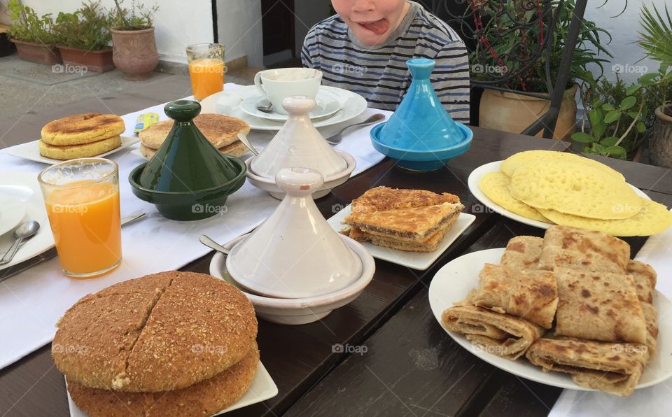 Breakfast in Tangier. My son about to tuck into a full Moroccan breakfast!