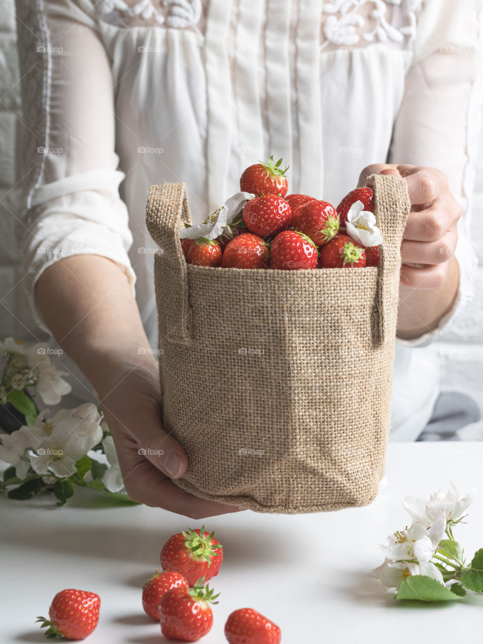 Strawberries in a jute bag
