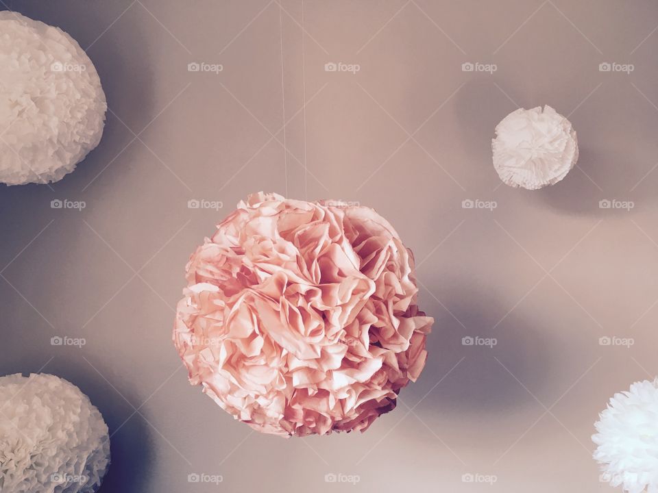 Coral and white pom pom 