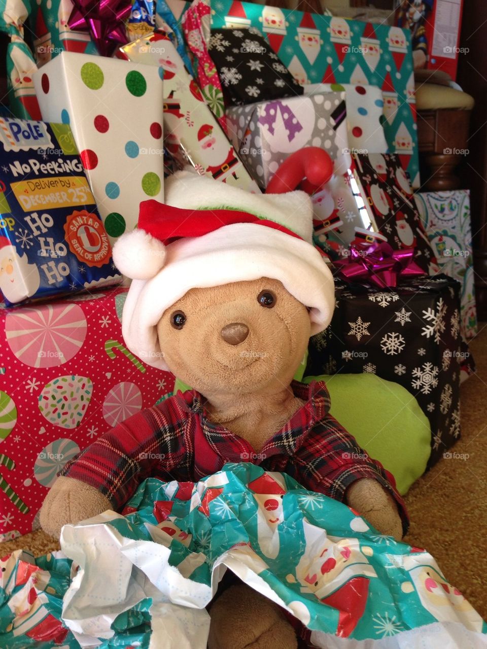 Teddy bear on Christmas morning