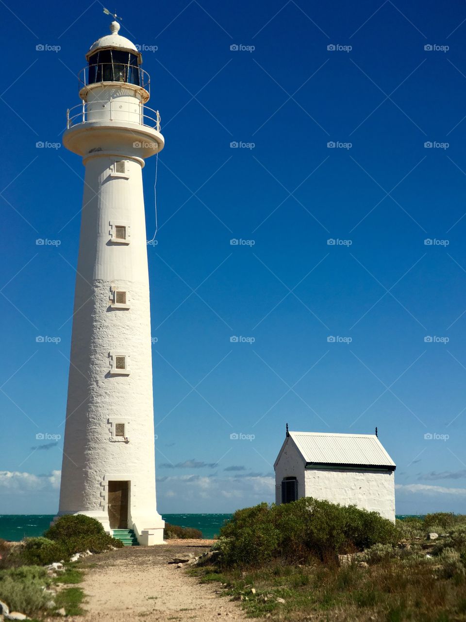 Lighthouse and lighthouse keeper's house, white, Point Lowly, South Australia 