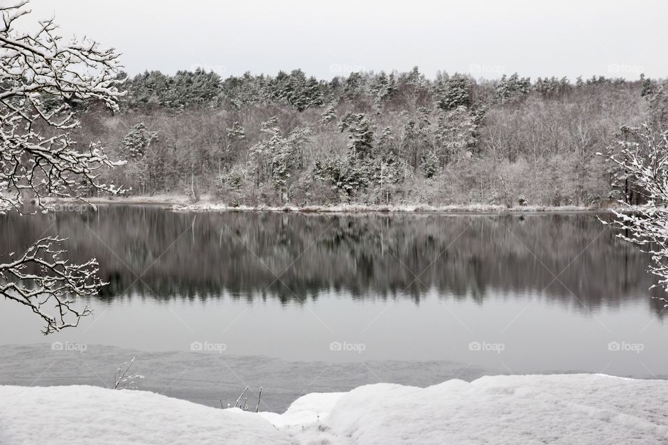 Winter landscape, forest reflection on mirror lake - vackert vinterlandskap i snö , skog reflektion  i spegelblank sjö 