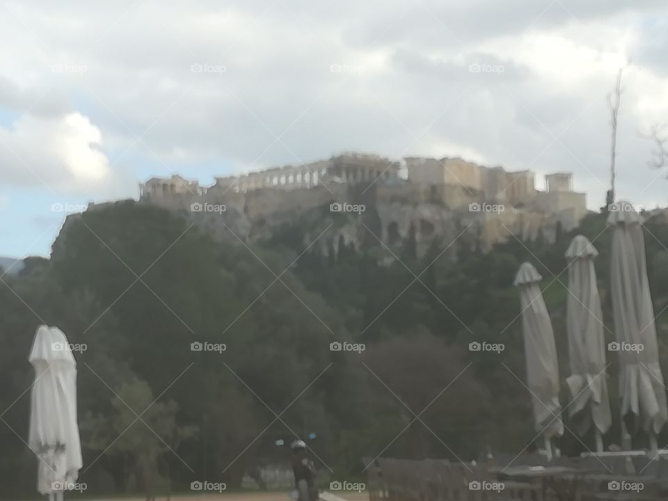 Acropolis of Athens from the back in a misty day