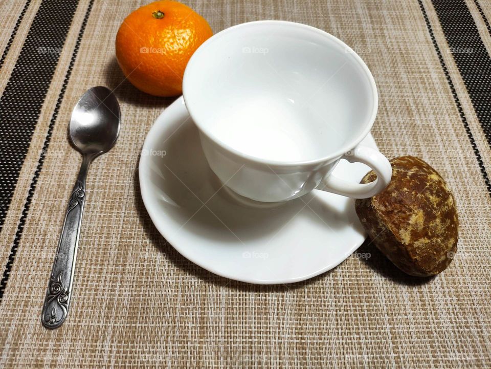 Tea, cup, coffee, tangerine, morning, breakfast, morning tea, white,