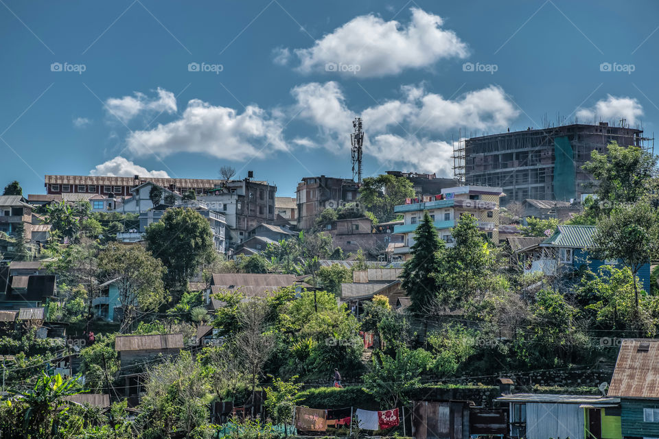 A residential landscape shot of a small town, in Manipur, India