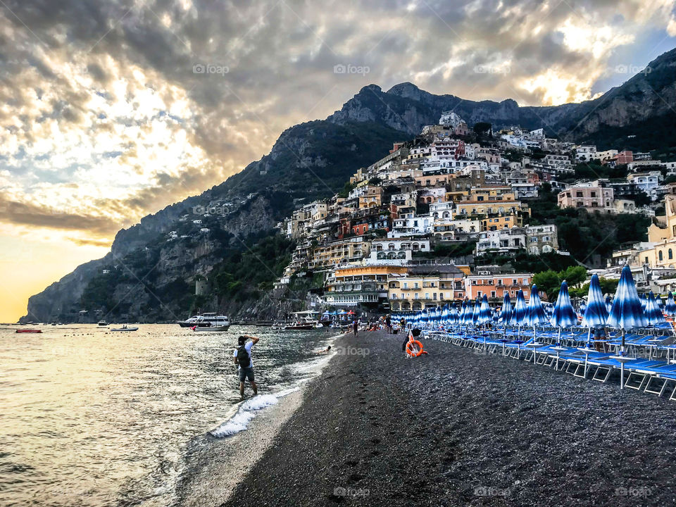 Positano Beach in Italy at sunset