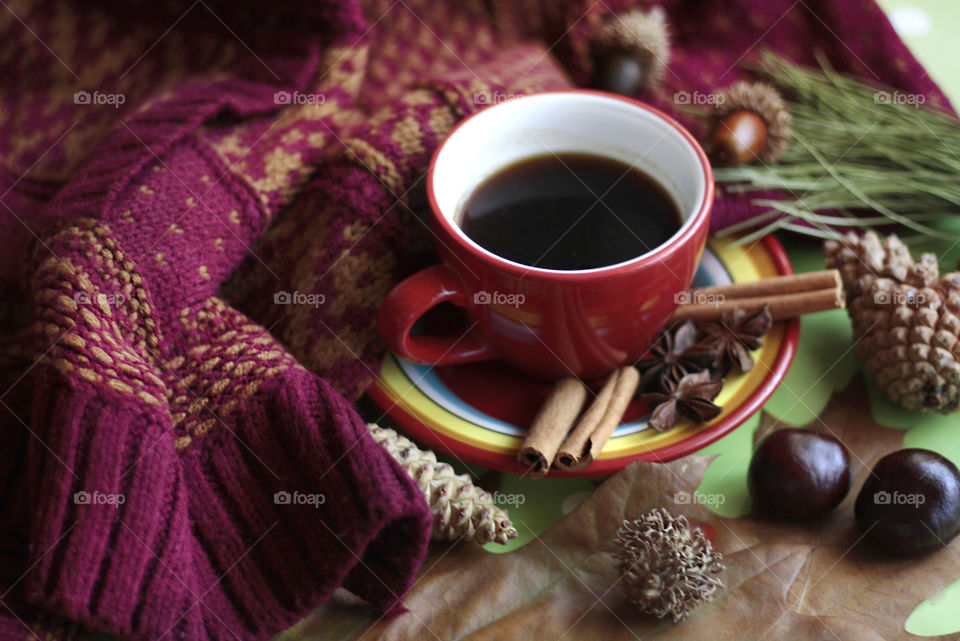 Cozy sweater and coffee in home