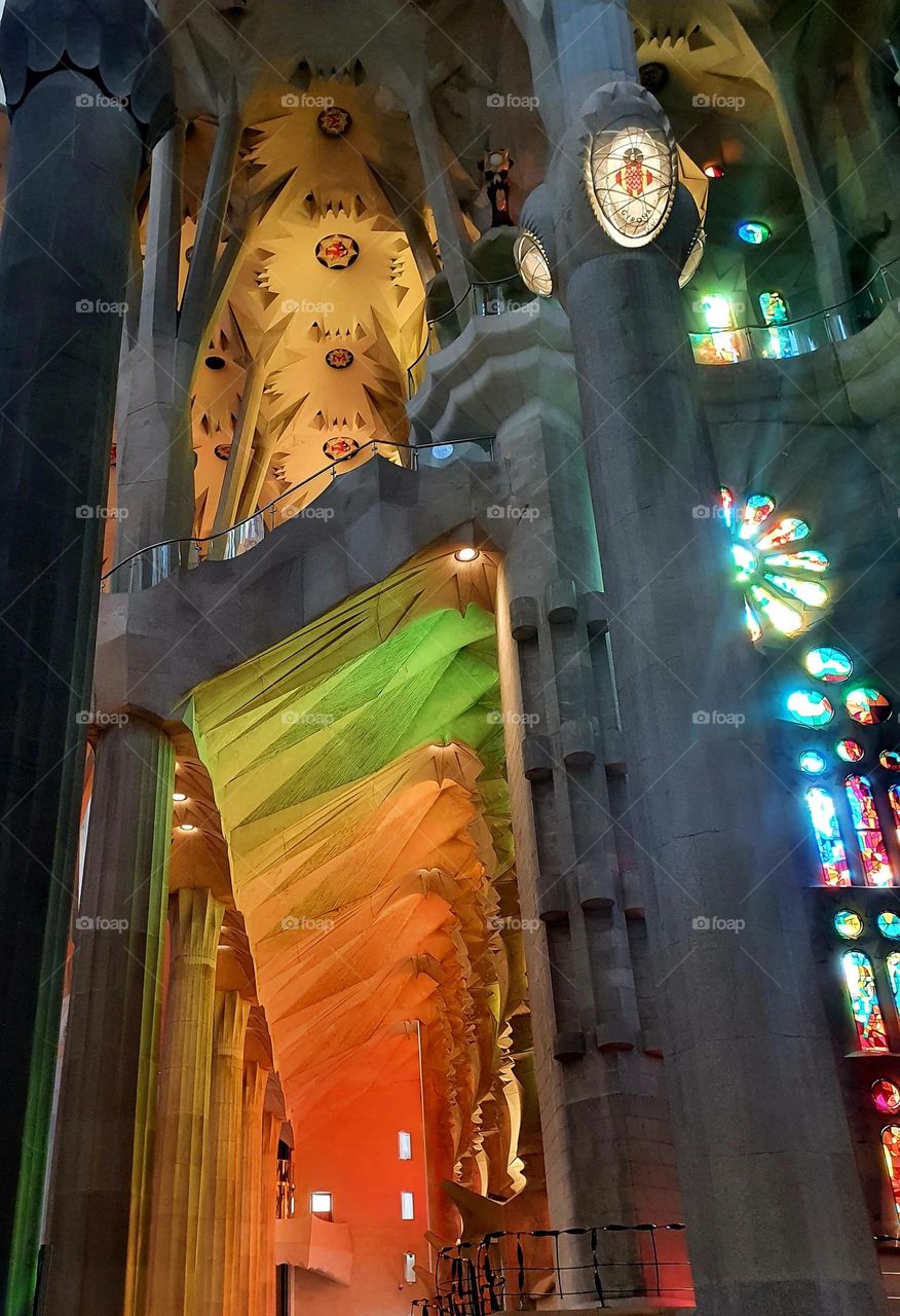 Explosion of colours through the stained glasses of the Sagrada Familia basilica in Barcelona