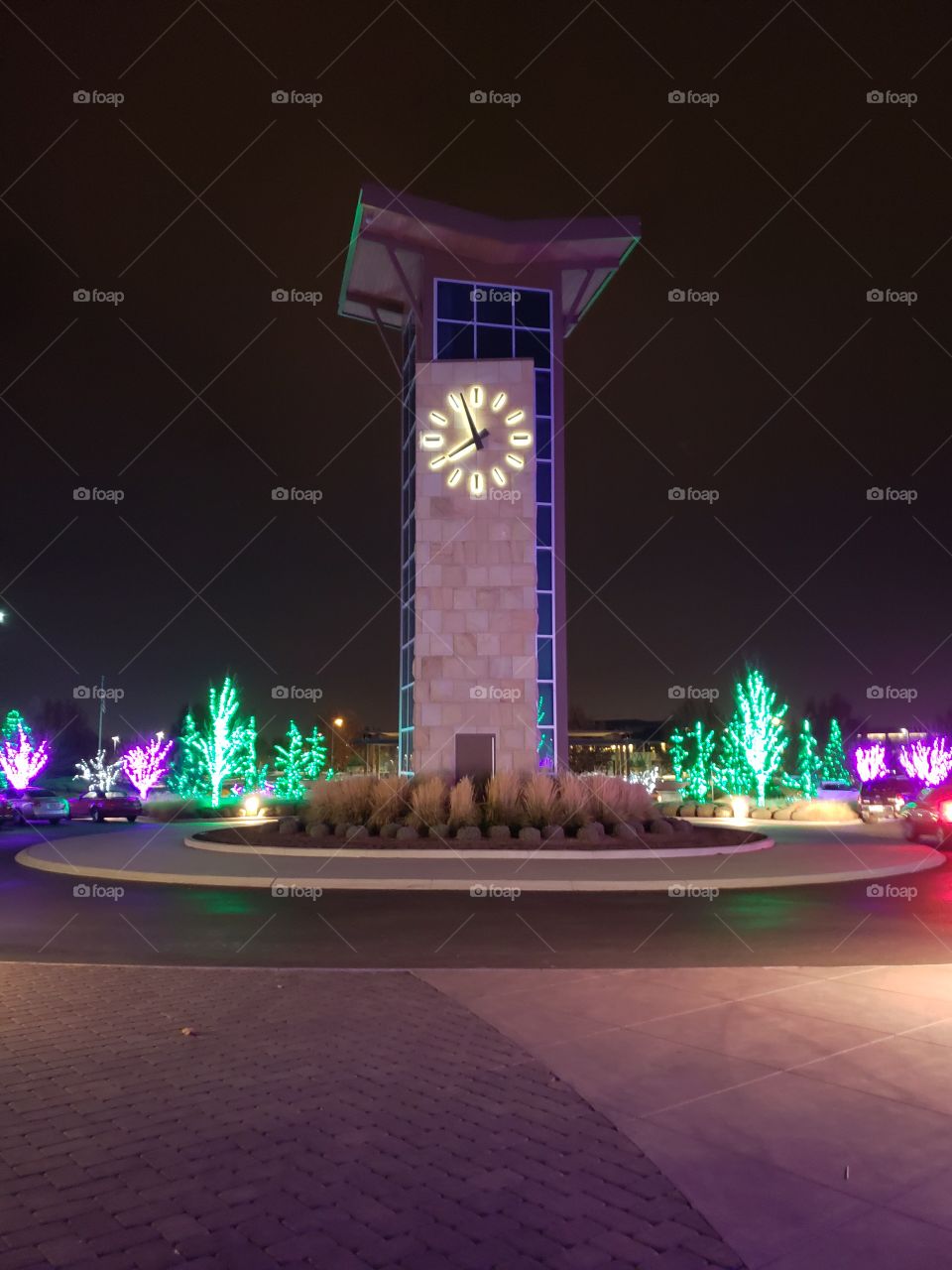 clock tower and Christmas lights