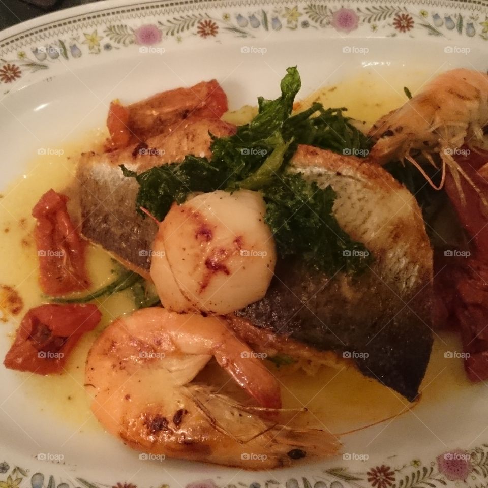 Sea bass fillet with scallops and King prawns in a sweet chilli sauce