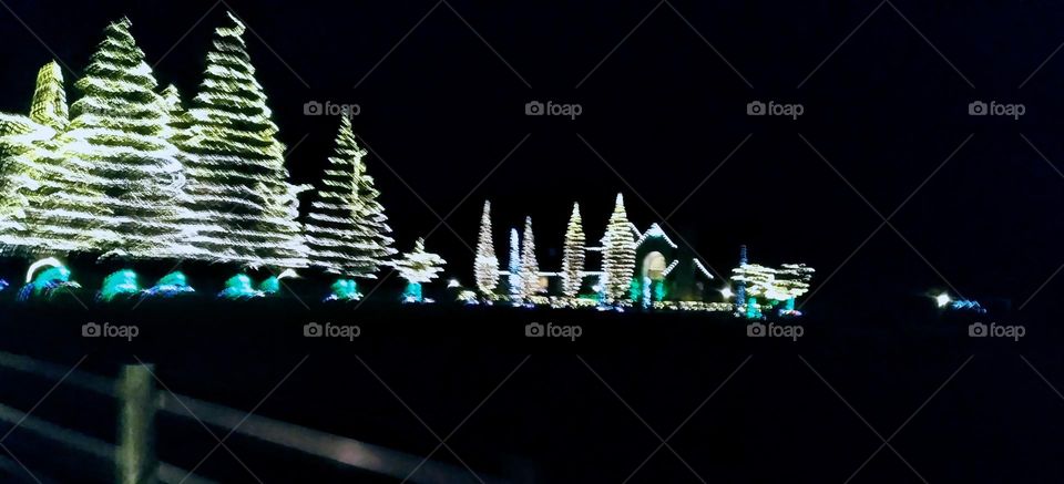 A stunning Christmas light display with many lit trees and shrubs and decorated house on a country road at nigbt.