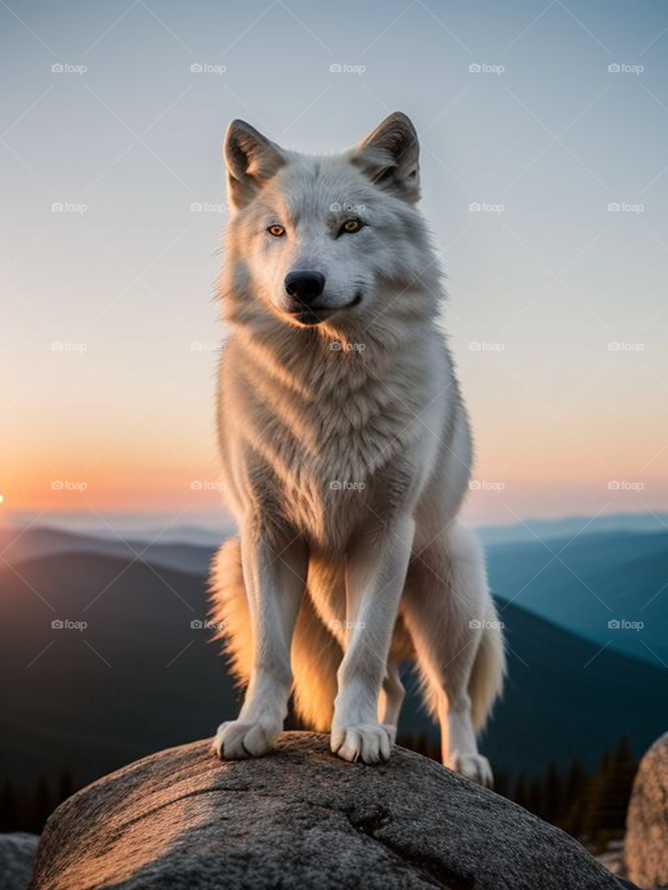 Wolf on mountain with sunset view