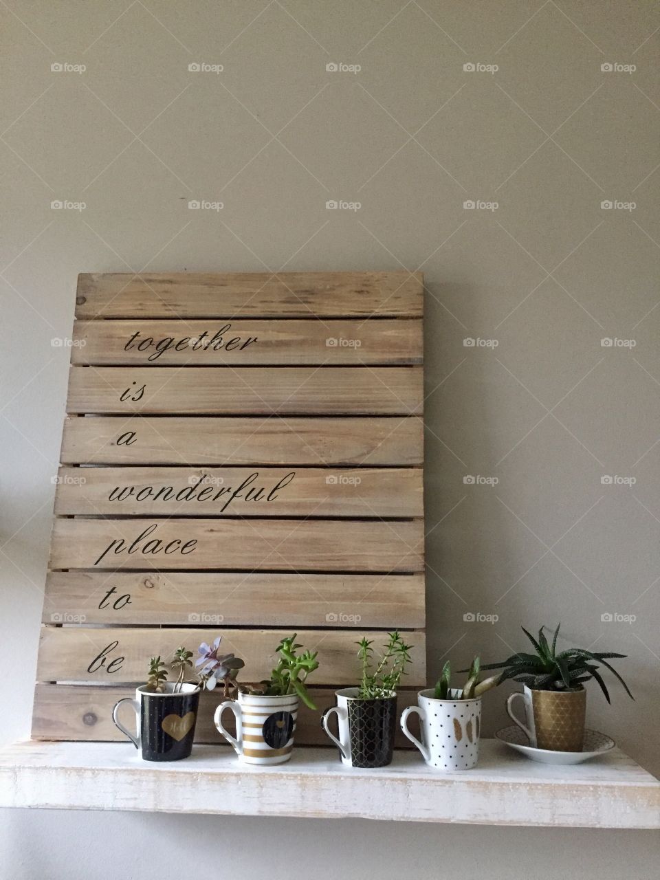 Floating white wood shelf with succulents in espresso cups with inspirational words on art 