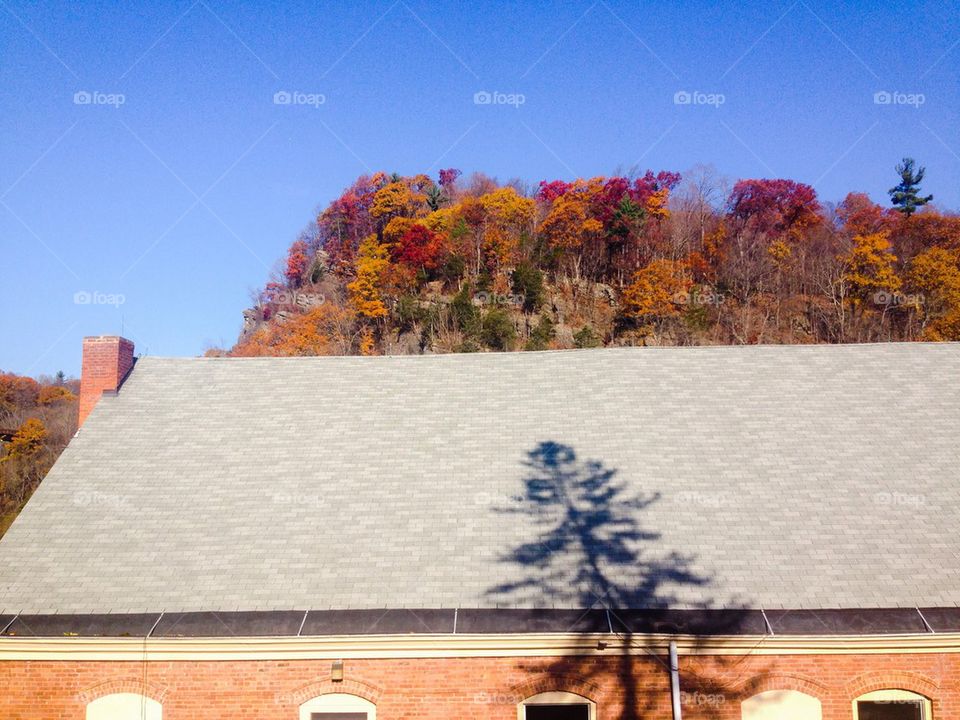 An autumn mountain is seen beyond a roof of a building with a shadow