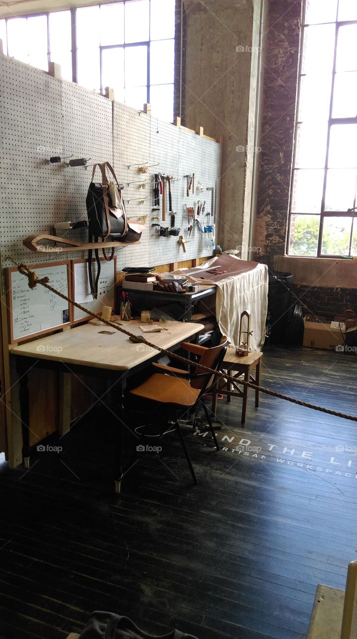 A leatherworker's station at Ponce City Market in Atlanta, GA 

supes cool