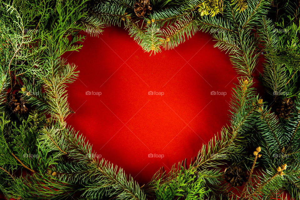 Heart shaped christmas tree branches. Creative christmas concept