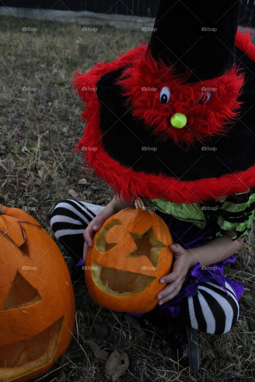 halloween's pumpkins and little witch