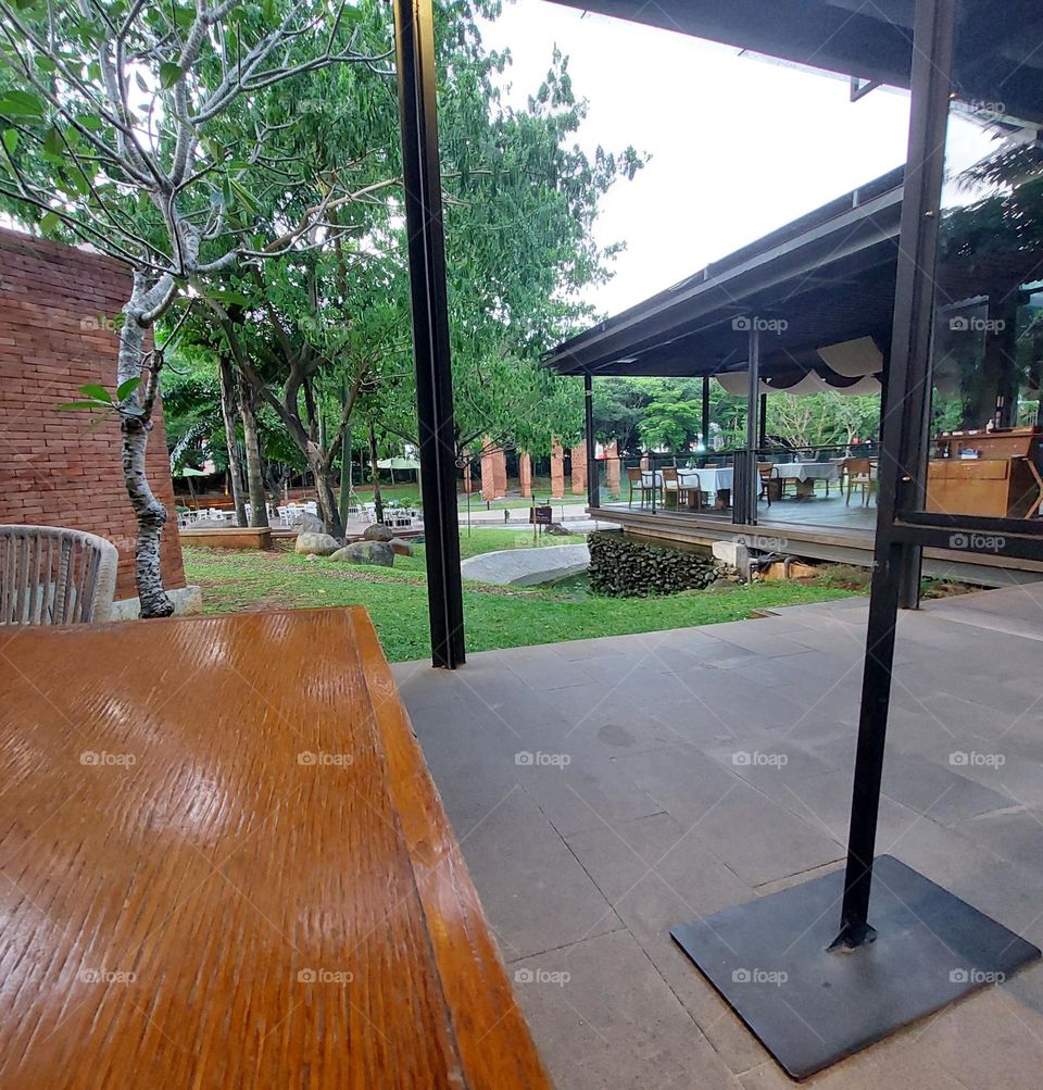 wooden cafe table and beautiful view