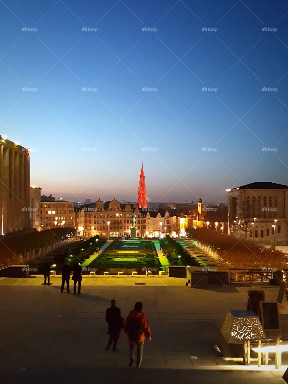 Mont des Arts with Town Hall tower illuminated in red for Valentine's day