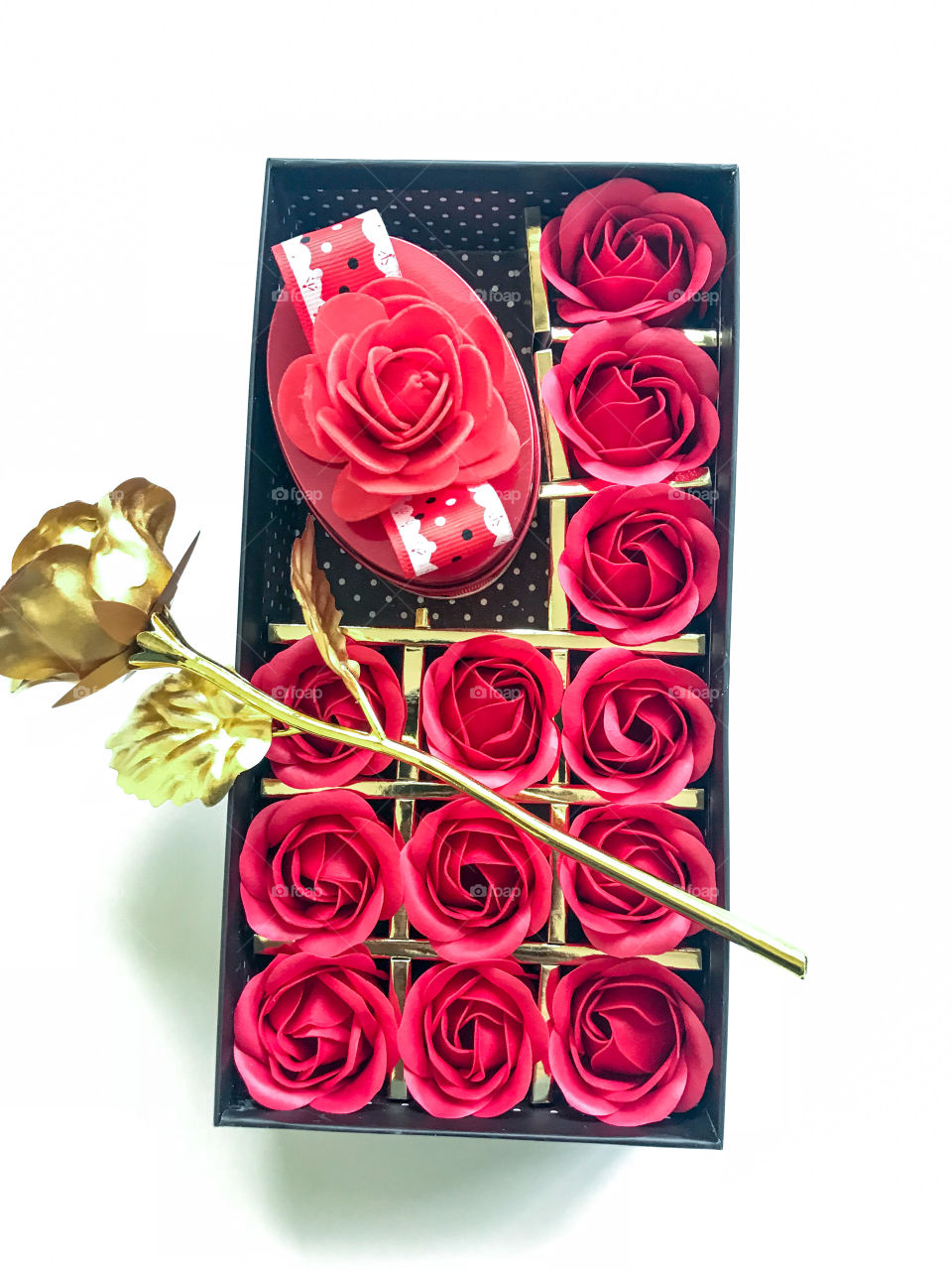 Valentines gift box with golden rose 