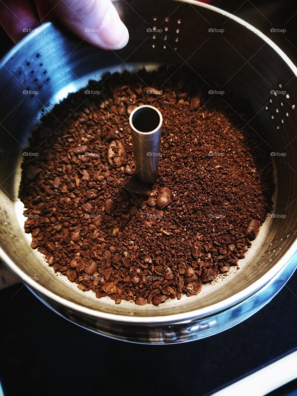 Fresh Ground Coffee Beans in a Stove Top Perculator