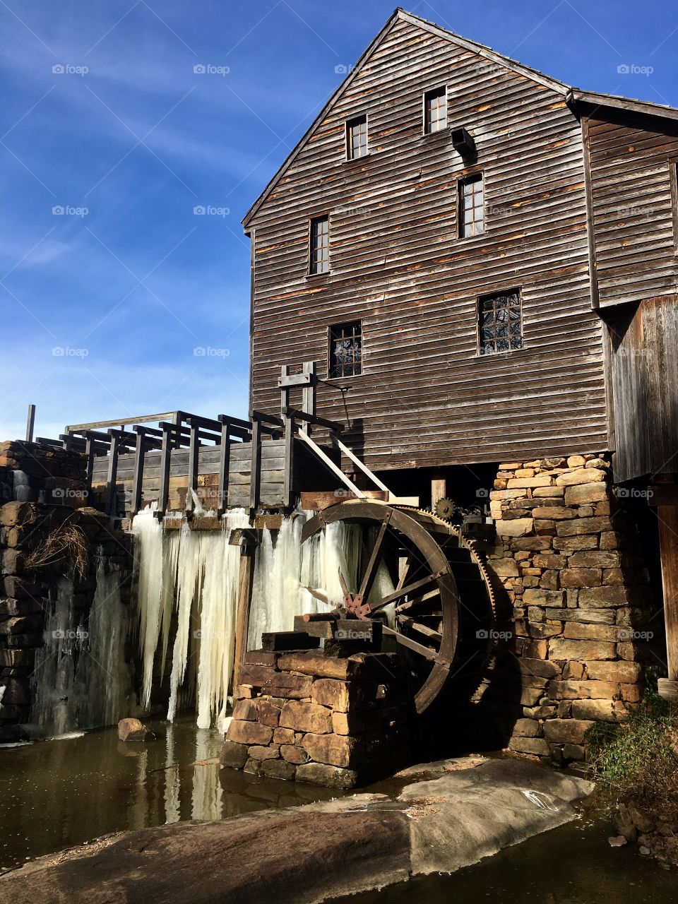 Waterwheel frozen over at Yates Mill 