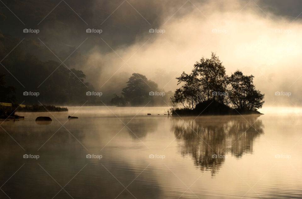 lake sunrise reflection misty by robgrangephoto