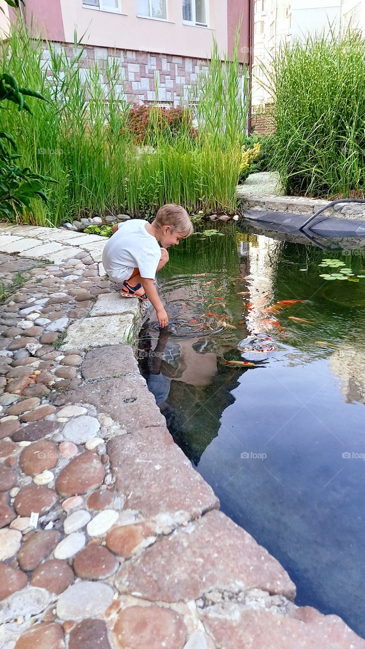 boy playing near the pond