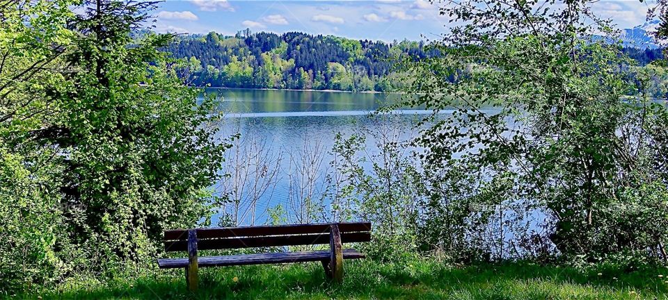 This lovely lake is in the vicinity of „Bayerischzell“, a small but rather popular township near the Alps in „Bavaria“, Germany. The bench invites to sit down and take in the beautiful sights. 2024. Hypnotic Productions