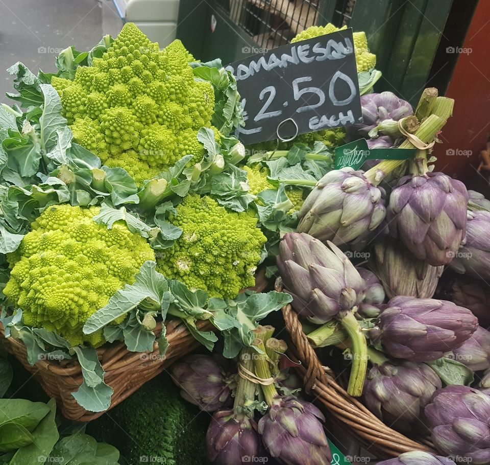 Green and purple vegetables at Borough Market, London