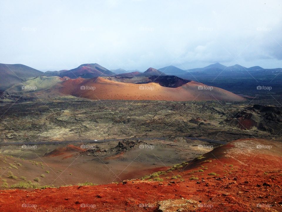 Vulcano on Lanzarote island on red dirt 