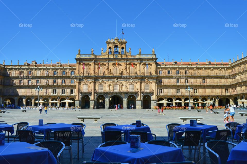 Terrace café. View of Plaza Mayor de Salamanca from one of the cafés in the square. Salamanca, Spain.