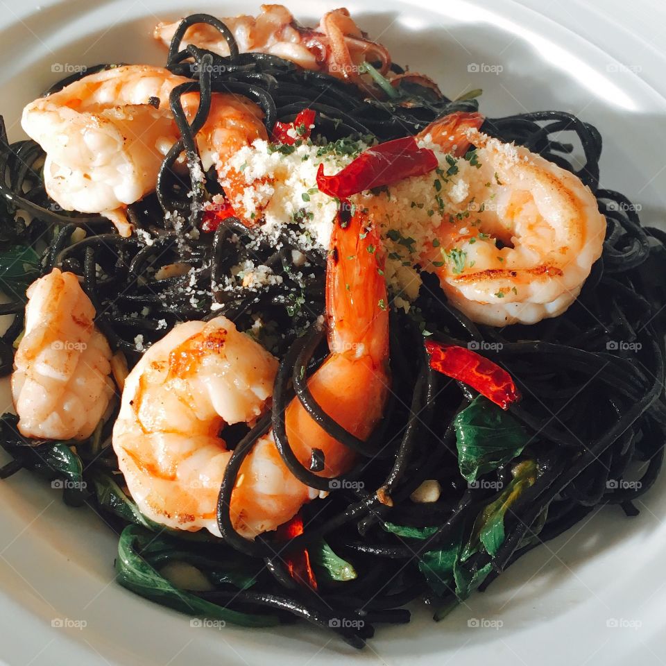 Squid ink spaghetti with seafood