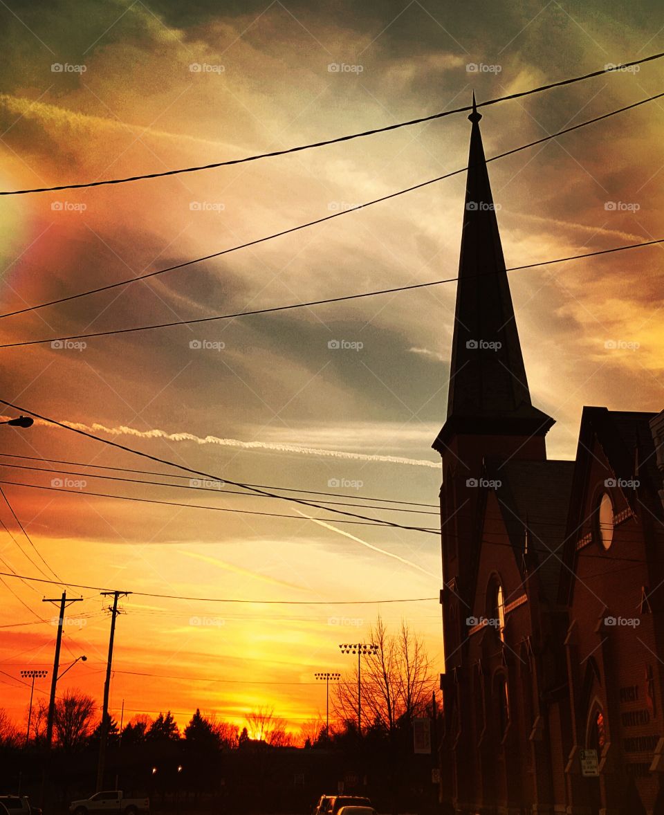 sunset with church steeple