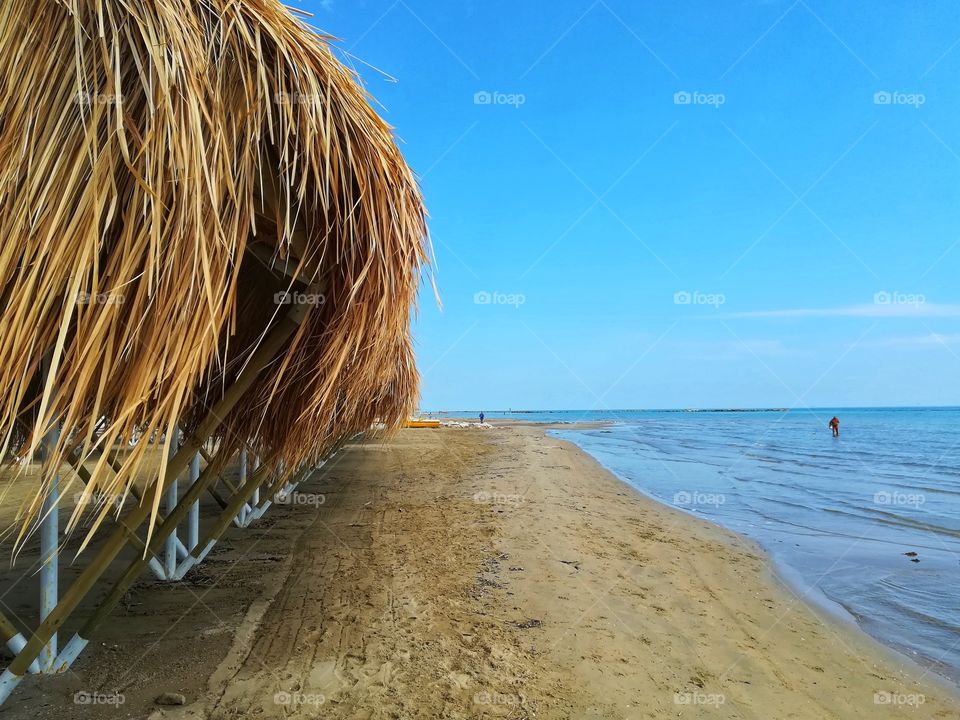 Thatched beach umbrellas move in the wind