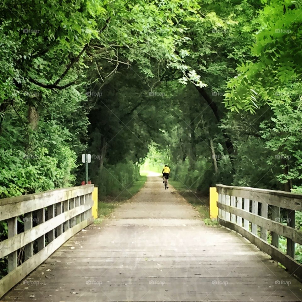 Biker beyond the bridge. A lone bicyclist disappears along a tree lined path 