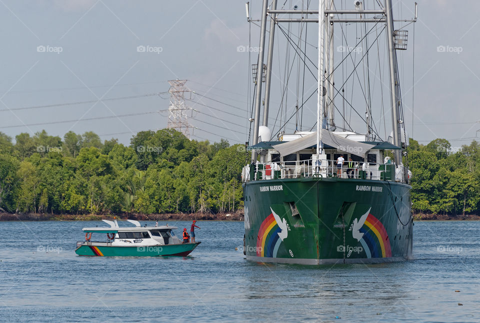 Boat ferrying visitors to and from Greenpeace’s ship Rainbow Warrior which was visiting Port Klang, Malaysia during South East Asian tour, June 2018