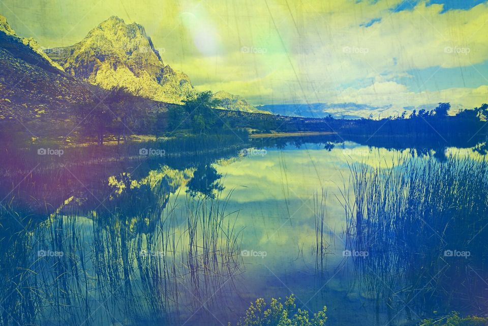 Edited photo of mirrored lake in Spring Mountain Ranch, Nevada