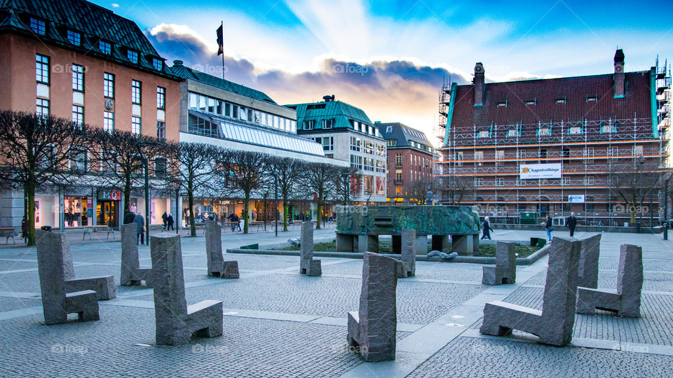 the city square in the town of Borås in Sweden. a very typical Swedish square with some less typical artwork.
