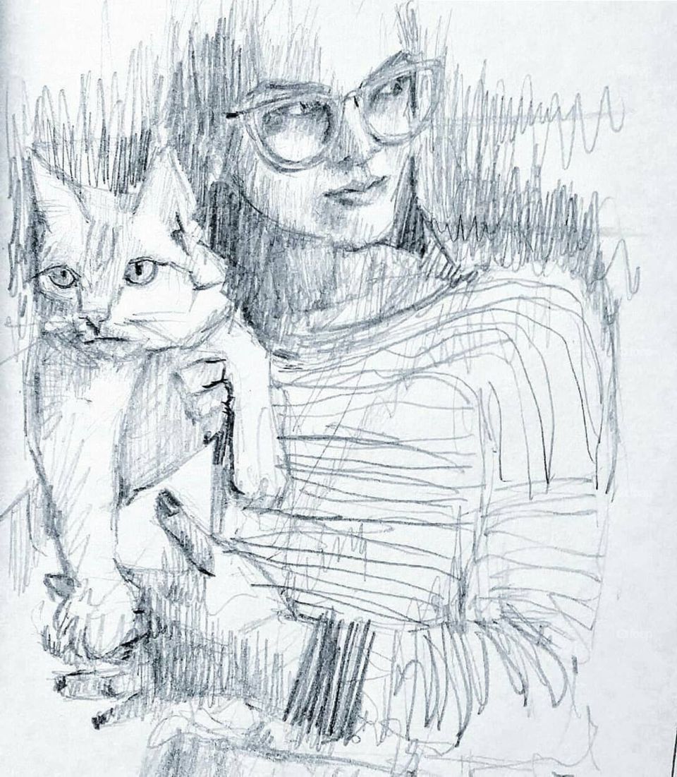 Sketchbook . Girl with cute cat 