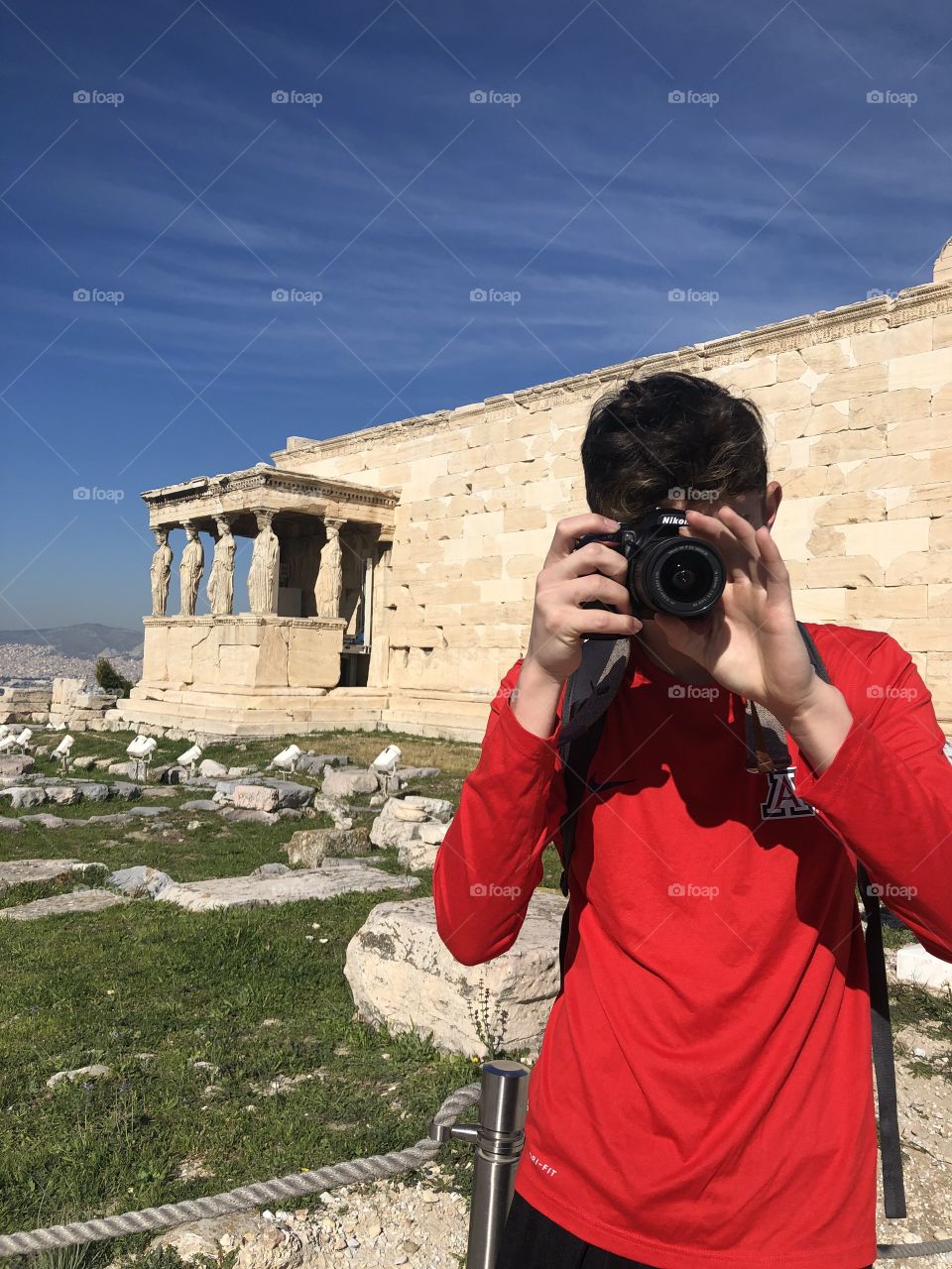 Picture taking in Acropolis Athens Greece. Porch of Maidens structure. 